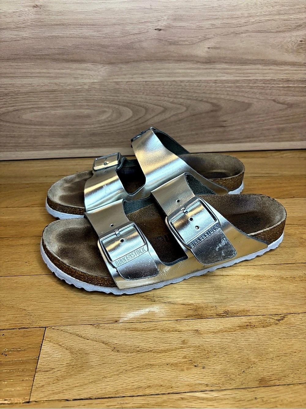 Birkenstock Arizona Metallic Silver Soft Footbed Sandals - Size 37